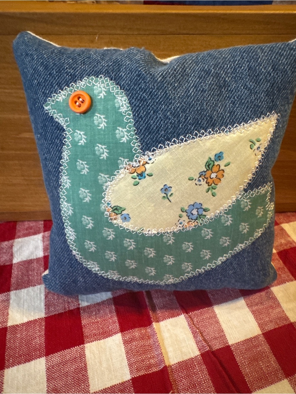 Handmade Denim Pillow with Bird Applique - Blue & Teal